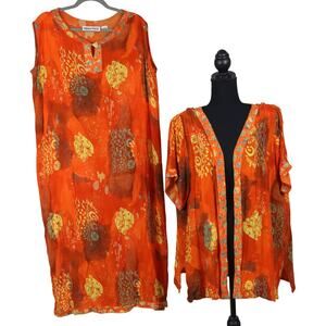 Vintage 90s Orange and Yellow Dress Jacket Set Maxi Artsy Boho Rayon Plus 2X